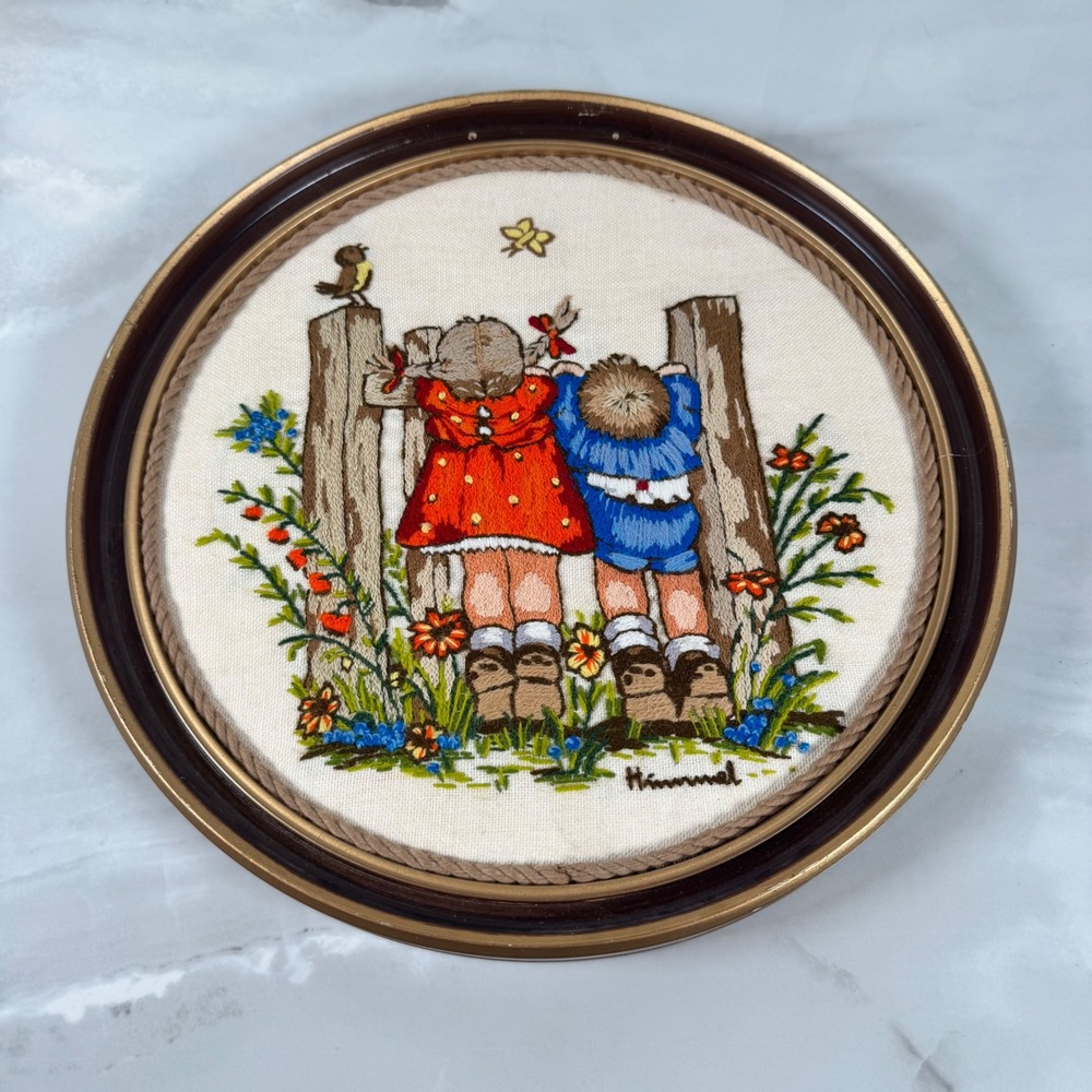Vintage Hummel Finished Embroidery Wall Hanging Round Frame Boy & Girl on Tiptoe